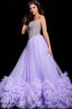 Model displaying Jovani 37199 lilac gown with sweetheart neckline and ruffled hem, front view.
