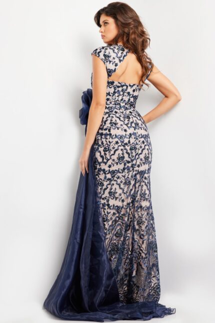 Back view of Jovani 37203 navy dress with intricate lace details.