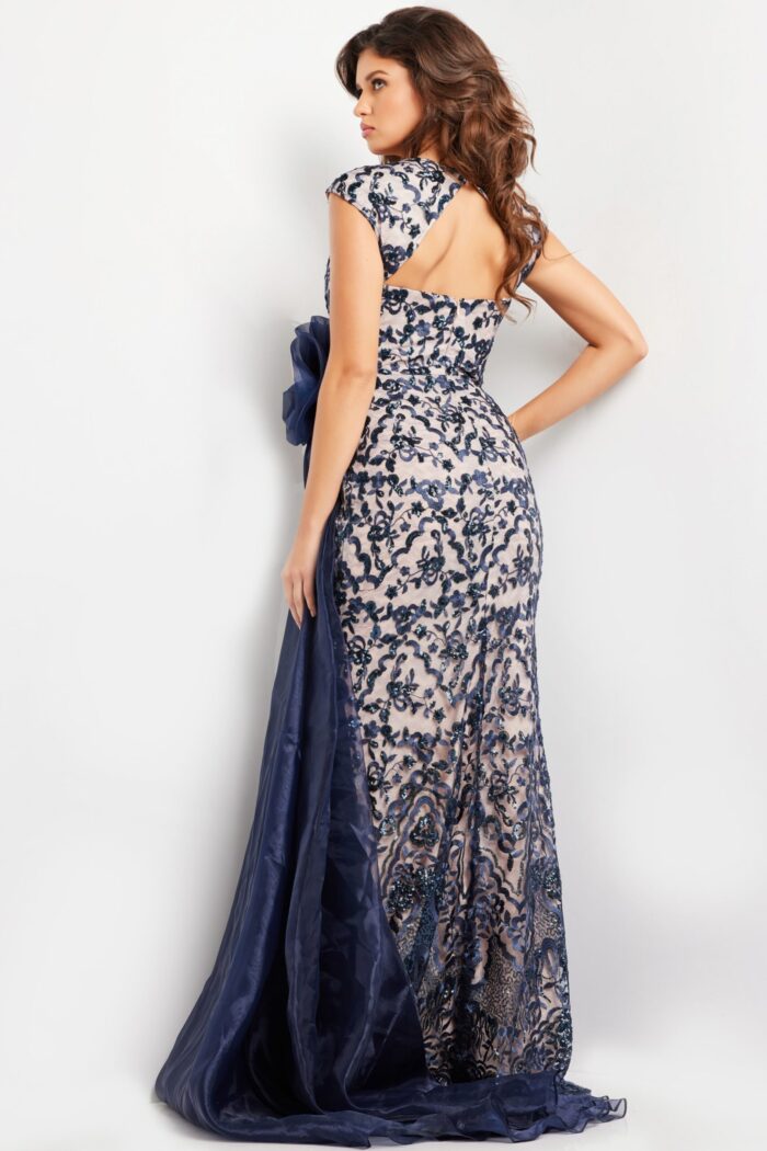Back view of Jovani 37203 navy dress with intricate lace details.
