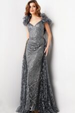 Model in Jovani 37206 gray dress with sequin embellishments, front view showing full dress length.