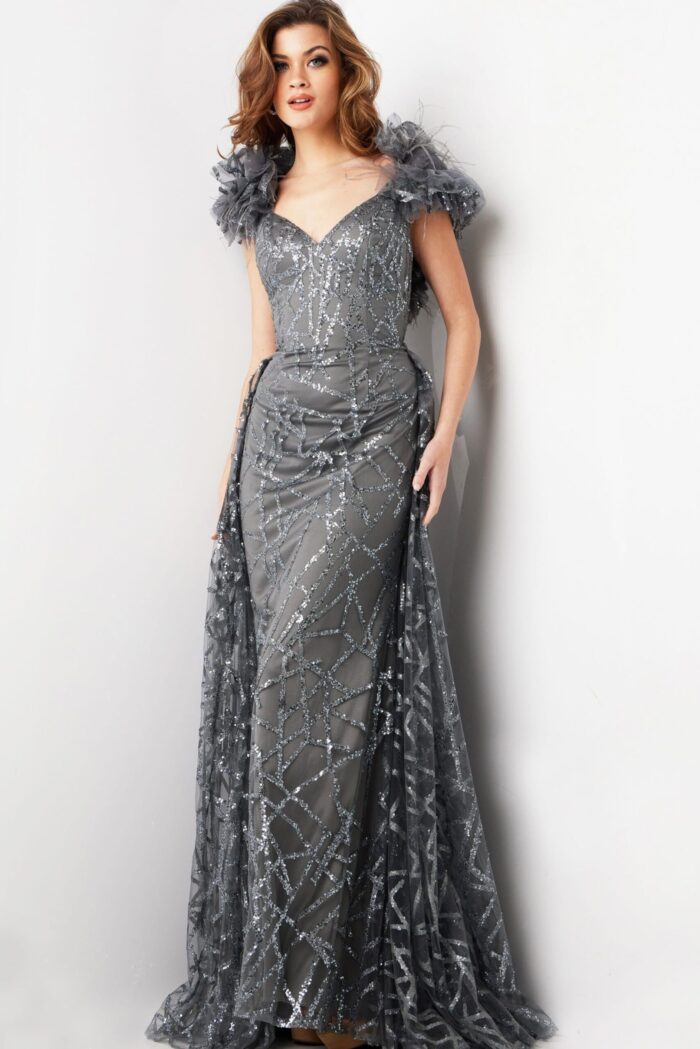 Model in Jovani 37206 gray dress with sequin embellishments, front view showing full dress length.