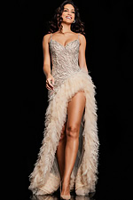 Model wearing Jovani 37208 nude gown with an elegant silhouette and high slit.