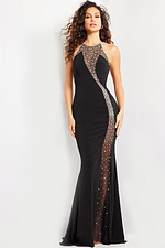 model wearing Jovani 37215 black gown with halter neckline and beaded embellishments