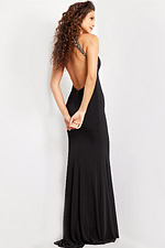 model showcasing back of Jovani 37215 black gown with open back design