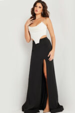 Model wearing Jovani 37234 white dress featuring a cowl neckline and high slit, front view.