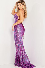 Model wearing Jovani 37243, showcasing the back of the purple gown with sequin detail and thin straps.