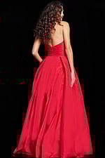 Back view of Jovani 37266 red gown highlighting the strapless design.