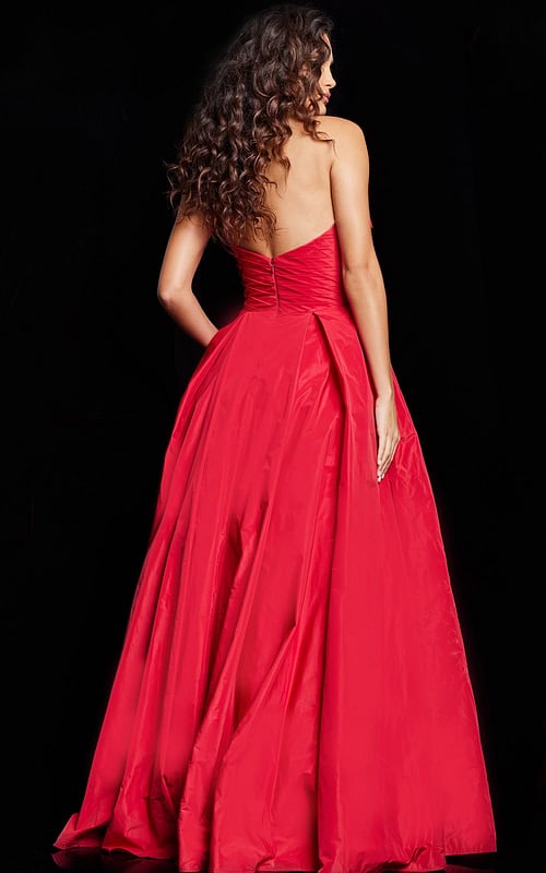 Back view of Jovani 37266 red gown highlighting the strapless design.
