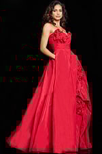 Elegant view of model in Jovani 37266 red dress with floral accents on the front.