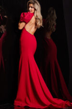 Back view of Jovani 37272 red gown showcasing open back design