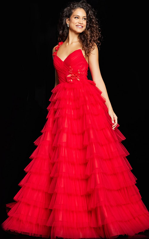 Model wearing Jovani 37274 red gown with sweetheart neckline and floral appliqué, front view.
