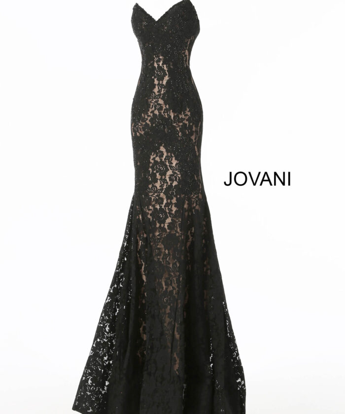 Jovani 37334 black lace mermaid gown with sweetheart neckline on display