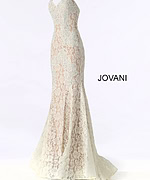 Jovani 37334 ivory lace mermaid gown with sweetheart neckline on a display.