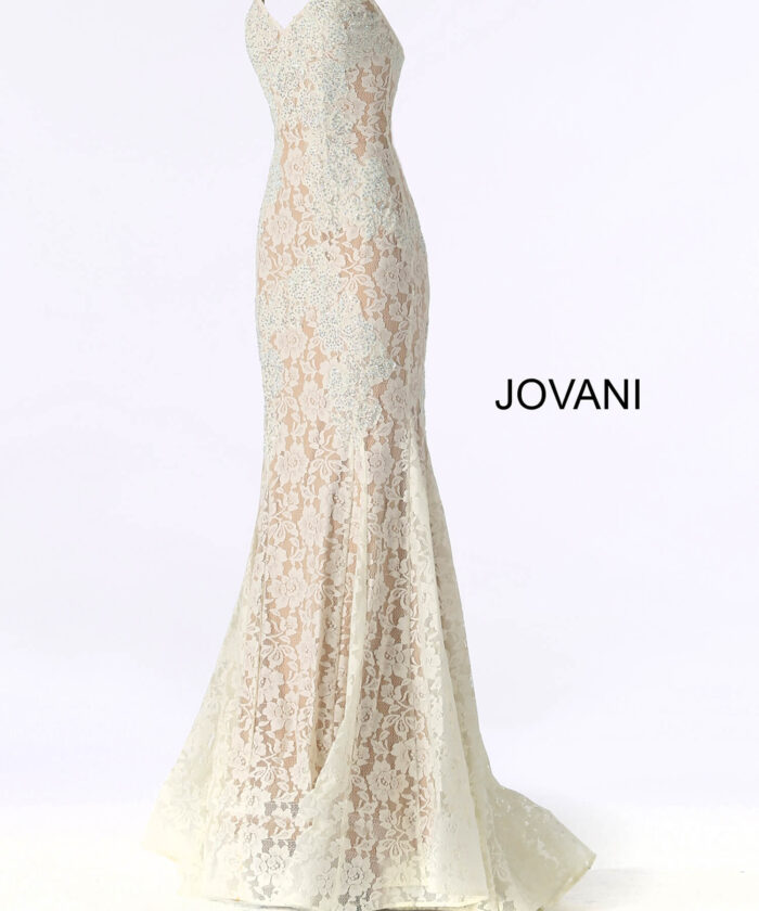 Jovani 37334 ivory lace mermaid gown with sweetheart neckline on display