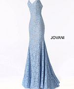 Jovani 37334 light blue lace mermaid gown with sweetheart neckline on a display.