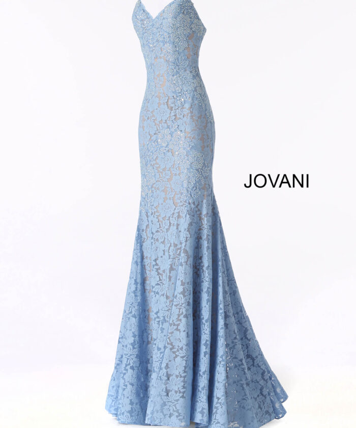 Jovani 37334 light blue lace mermaid gown with sweetheart neckline on display