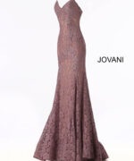 Jovani 37334 blush lace mermaid gown with sweetheart neckline on display