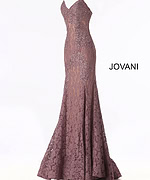 Jovani 37334 mauve lace mermaid gown with sweetheart neckline on a display.