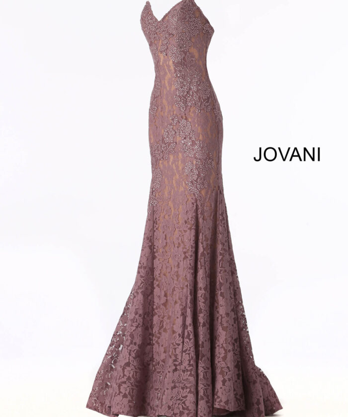 Jovani 37334 blush lace mermaid gown with sweetheart neckline on display