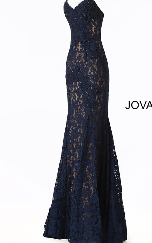 Jovani 37334 navy lace mermaid gown with sweetheart neckline on display