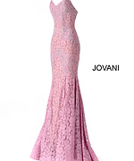 Jovani 37334 periwinkle lace mermaid gown with sweetheart neckline on a display.