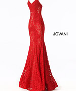 Jovani 37334 red lace mermaid gown with sweetheart neckline on a display.