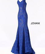 Jovani 37334 royal blue lace mermaid gown with sweetheart neckline on a display.