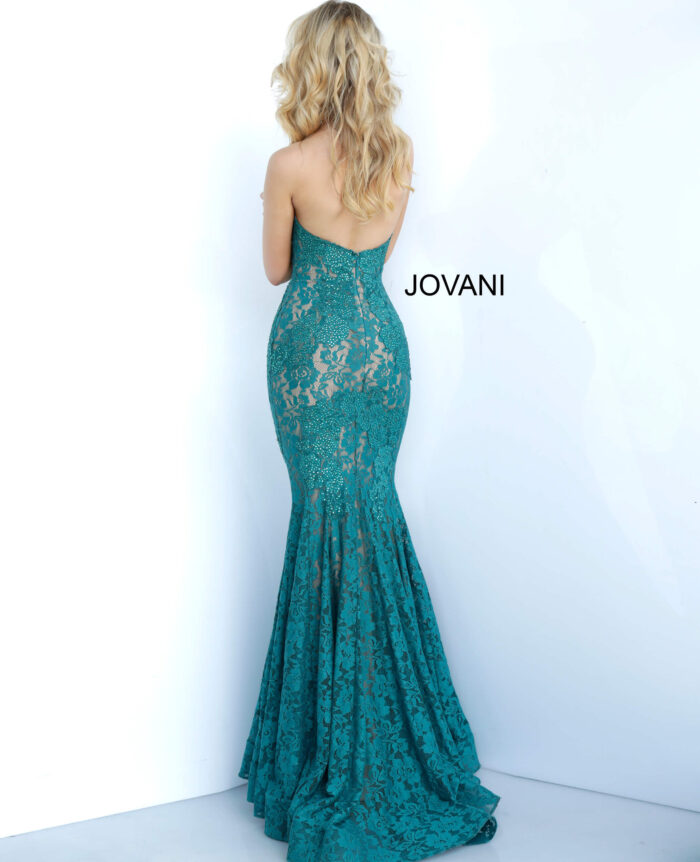 Back view of Jovani 37334 green lace mermaid gown with sweetheart neckline