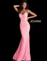 Model wearing Jovani 37334 bright pink lace mermaid gown with sweetheart neckline
