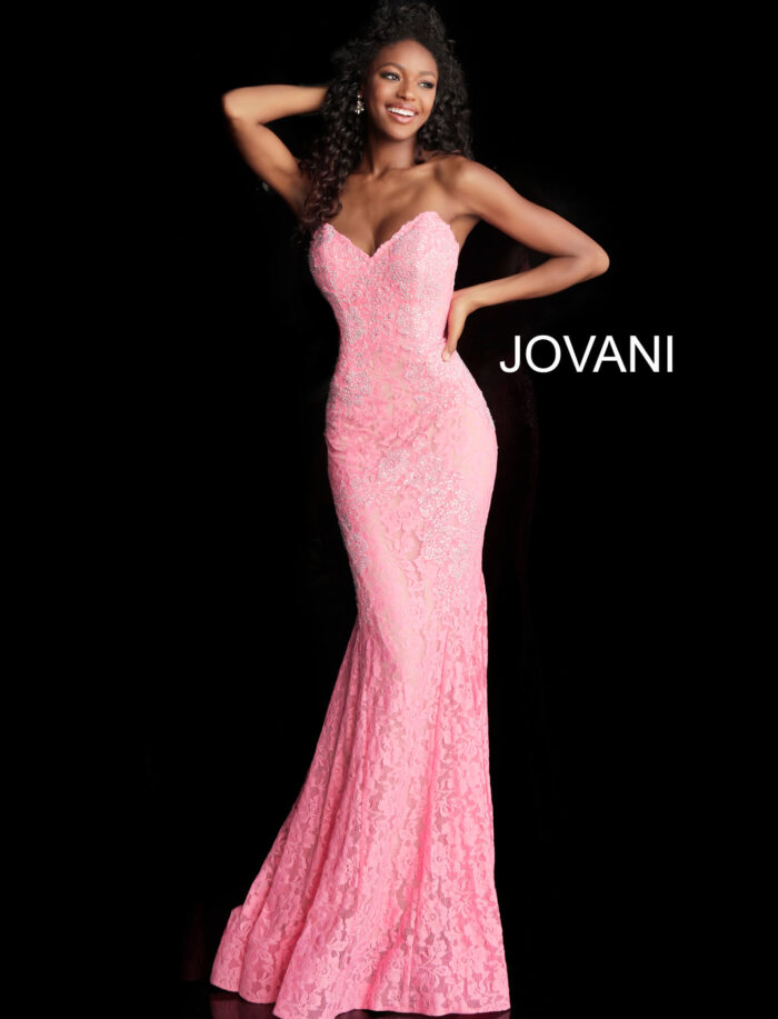 Model wearing Jovani 37334 bright pink lace mermaid gown with sweetheart neckline