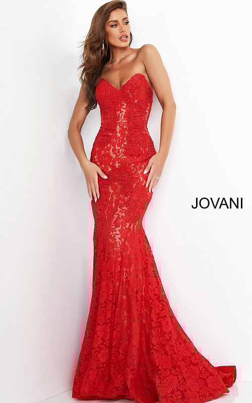 Model wearing Jovani 37334 red lace mermaid gown with sweetheart neckline