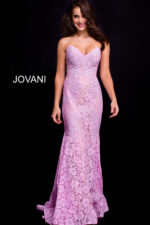 Model wearing Jovani 37334 lilac lace mermaid gown with sweetheart neckline