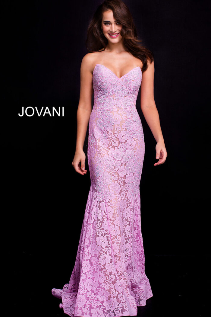 Model wearing Jovani 37334 lilac lace mermaid gown with sweetheart neckline