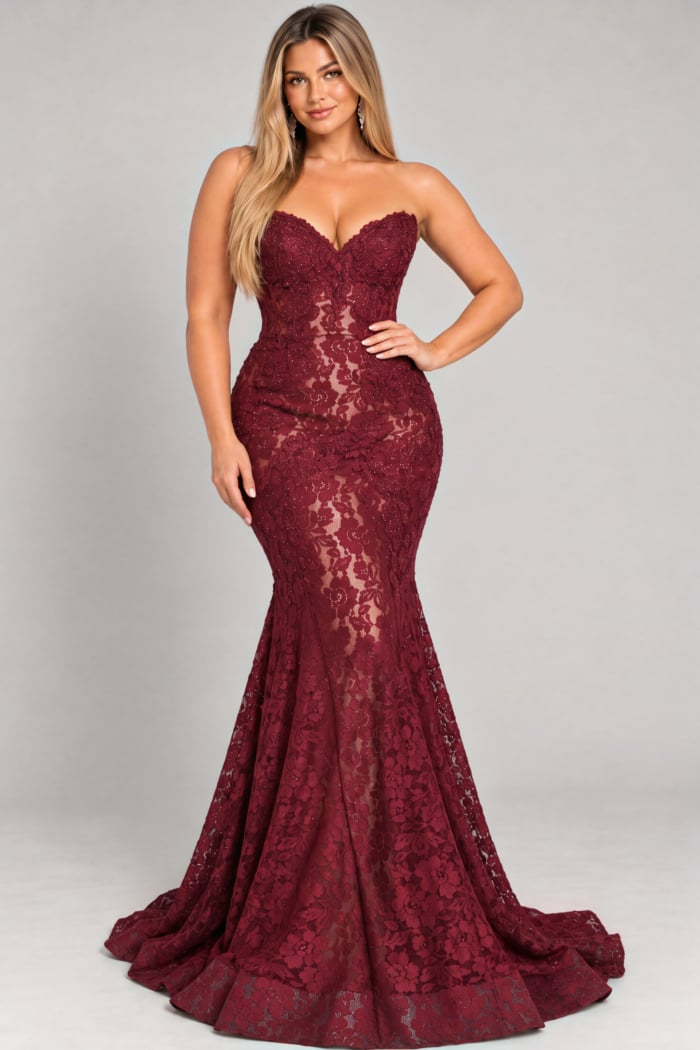 Burgundy lace strapless mermaid gown with sweetheart neckline and sweep train, plus size, Jovani style 37334