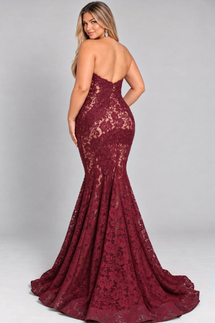 Back view of burgundy lace mermaid gown showing the open back, plus size, Jovani style 37334