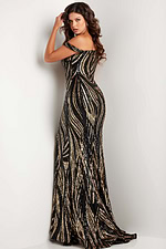 Back view of Jovani 37351 black mermaid gown with intricate beadwork
