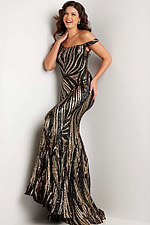 Model wearing Jovani 37351 black mermaid gown with one-shoulder design