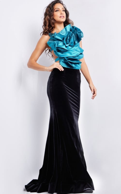 Model wearing Jovani 37363 dress with a blue floral bodice and black velvet skirt, front view.