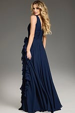 Model wearing Jovani 37374 navy gown with A-line silhouette, back view.