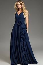 Model wearing Jovani 37374 navy gown with A-line silhouette and ruffle detail, front view.