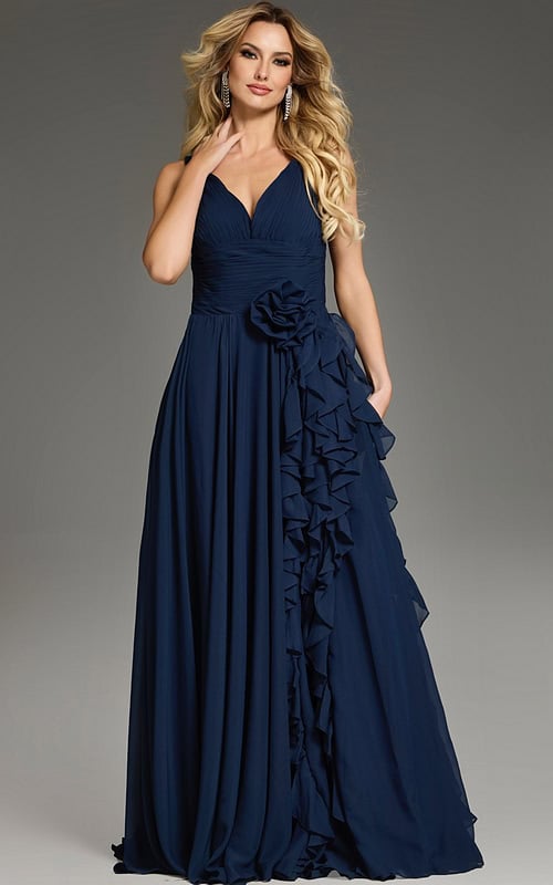 Model wearing Jovani 37374 navy gown with A-line silhouette and ruffle detail, front view.
