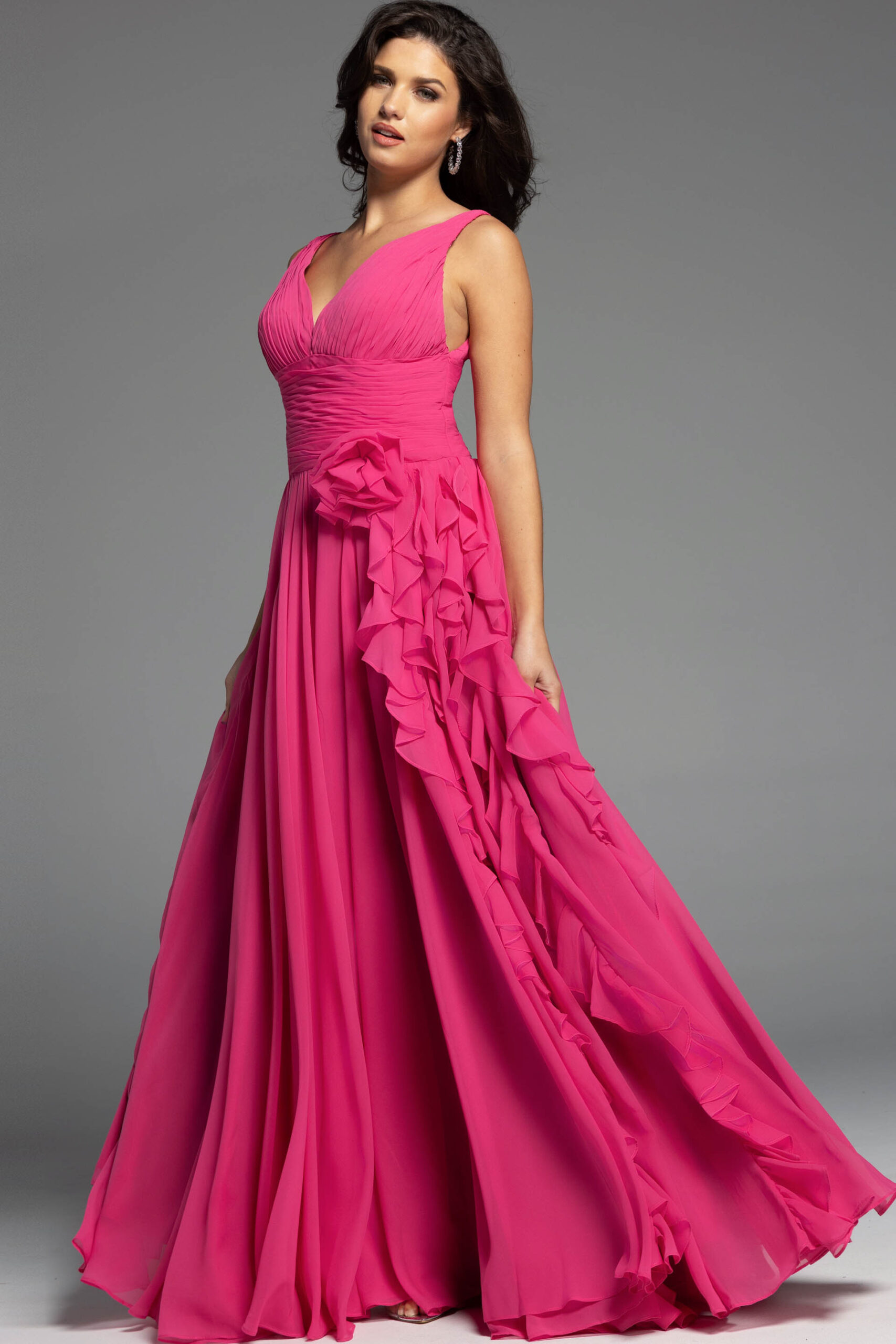 【MAC DUGGAL】ロングドレス ピンク Vネック フリル シフォン Pink V Neck Flounce Sleeve Embellished Mesh Gown - Mac Duggal