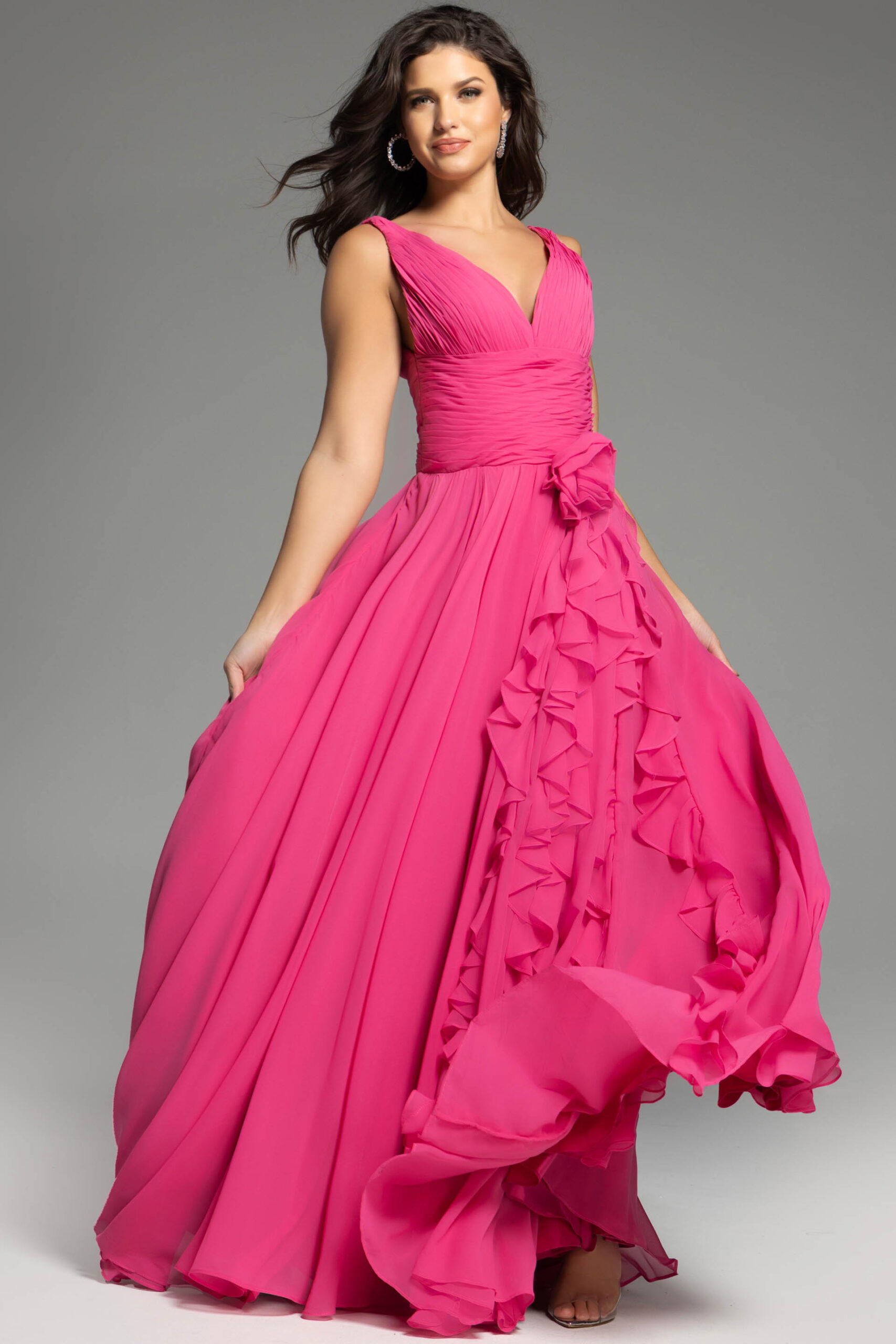 V-Neck Ruffled Gown with Floral Accent 37374 | Jovani