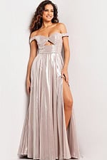 Model in Jovani 37381 blue gown twirling, showcasing elegant movement and high slit.