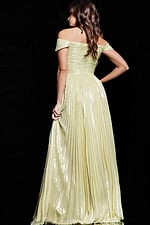 Back view of model in Jovani 37389 yellow gown showcasing elegant pleats