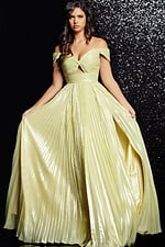 Front view of model in Jovani 37389 yellow gown with detailed bodice