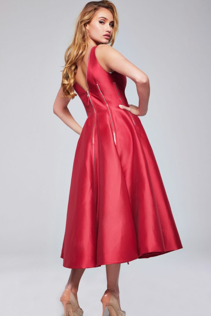 Model wearing Jovani 37393 red dress viewed from the side.