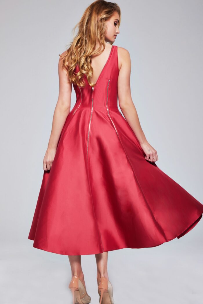 Back view of Jovani 37393 red dress with zipper accents.
