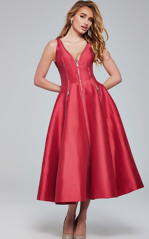 Model wearing Jovani 37393 red dress with A-line silhouette and zipper detail.