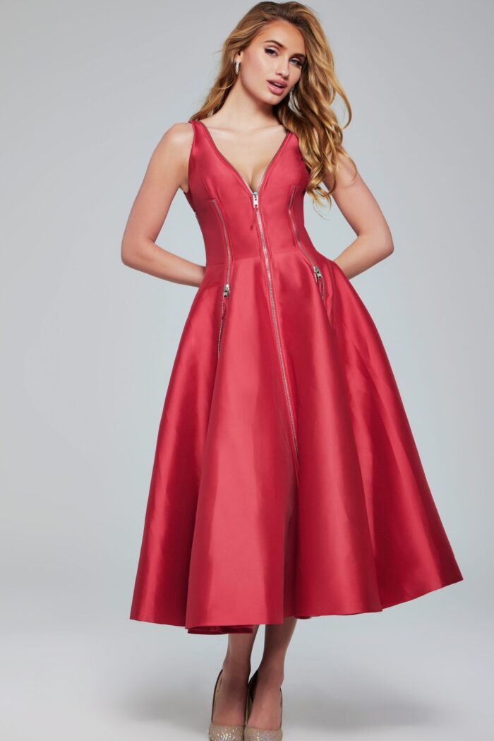 Model wearing Jovani 37393 red dress with A-line silhouette and zipper detail.